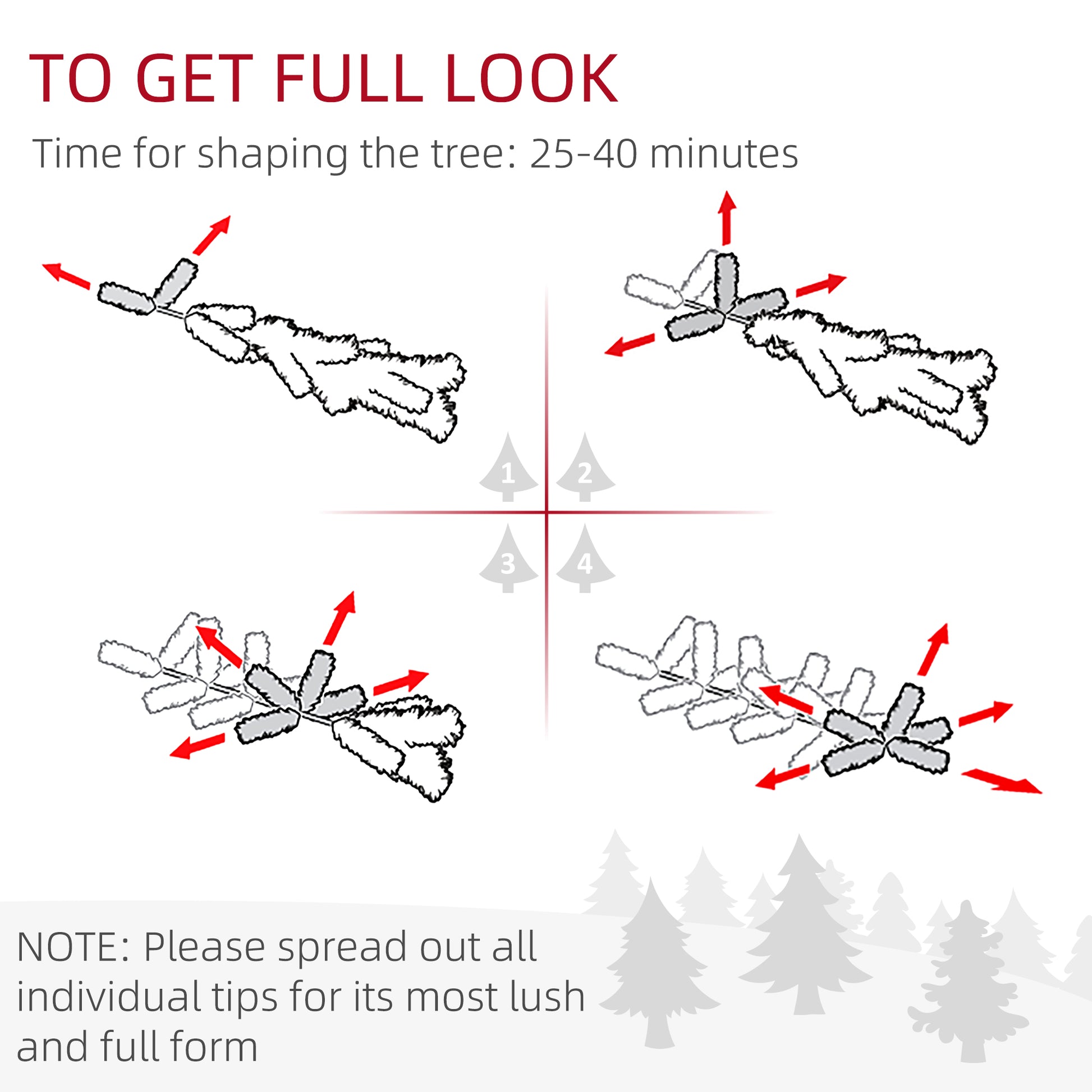 Diagram showing steps to shape and spread the tips of a white artificial Christmas tree for a full look