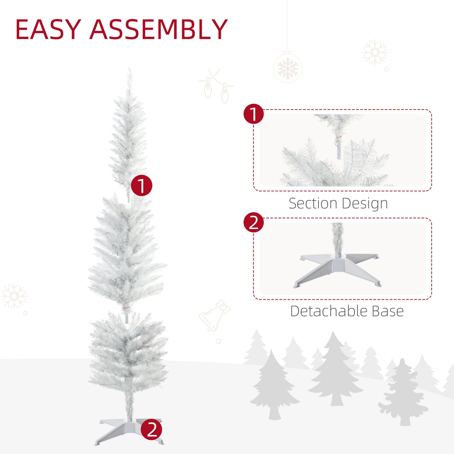 White pencil Christmas tree with detachable base and easy assembly section design