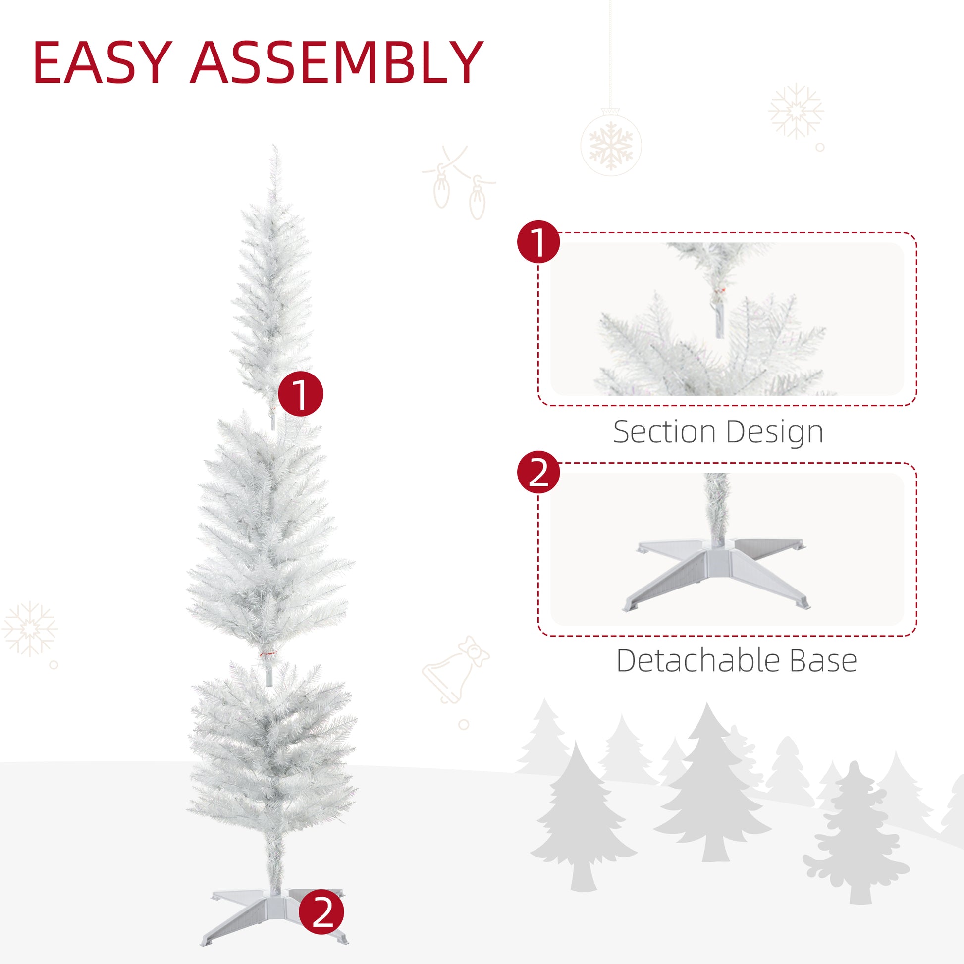 White pencil Christmas tree with detachable base and easy assembly section design