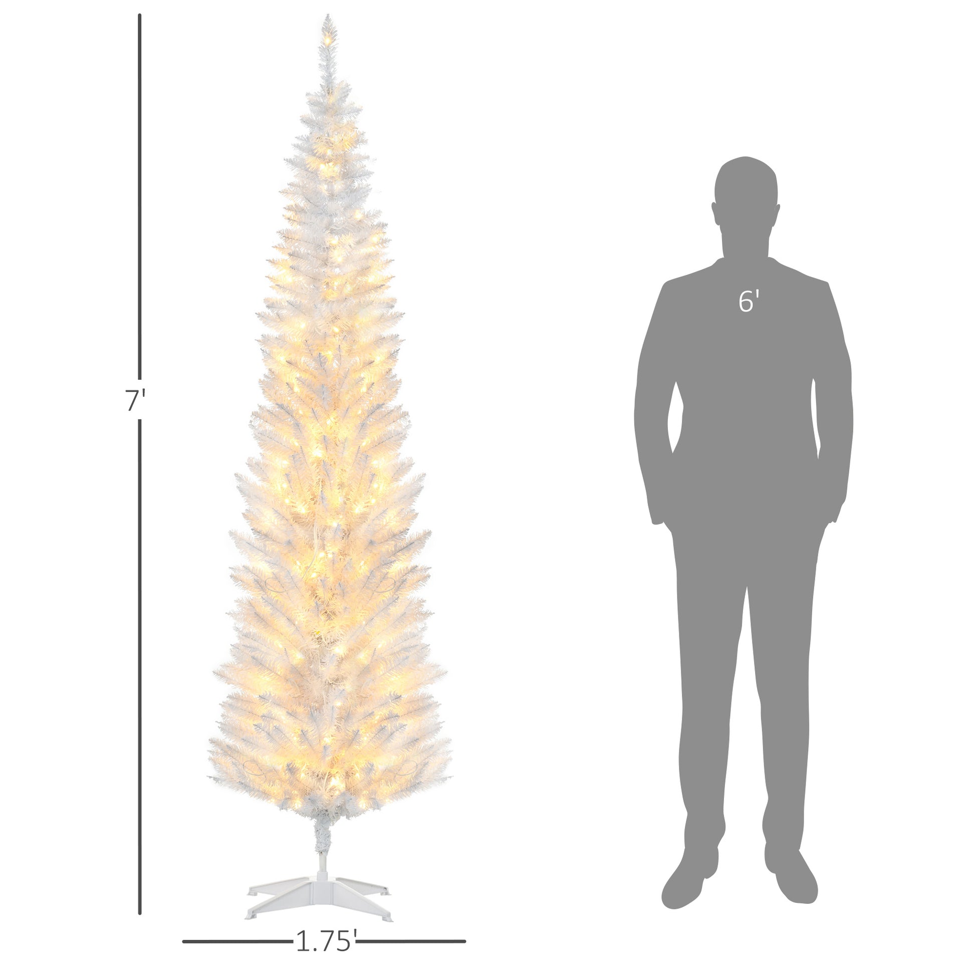7-foot white pencil Christmas tree with warm white LED lights and white stand