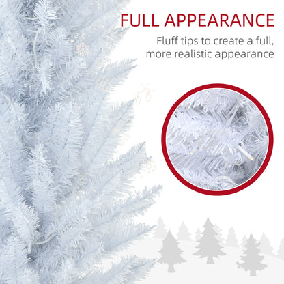 Close-up of white artificial Christmas tree branches with warm white LED lights and fluff tips for full appearance