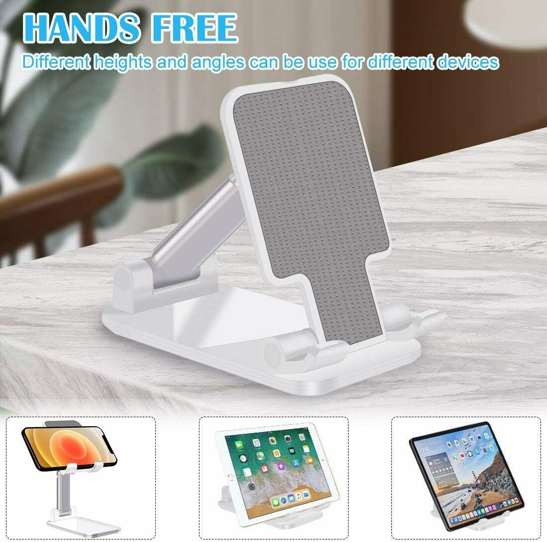 White foldable aluminum phone and tablet stand with adjustable height and anti-slip pad on a marble surface