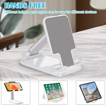 White foldable aluminum phone and tablet stand with adjustable height and anti-slip pad on a marble surface