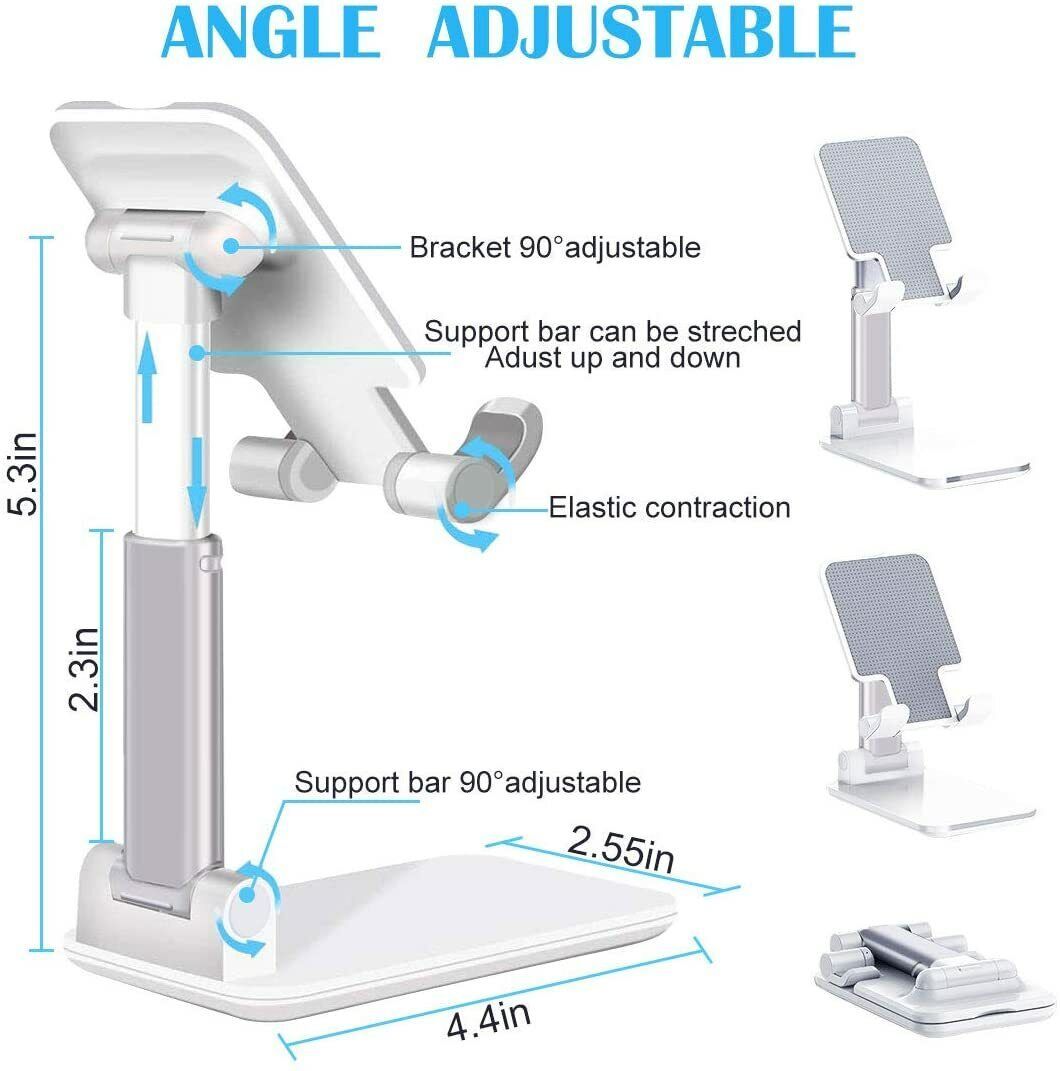 White foldable phone and tablet stand with adjustable height and angle, made of aluminum, showing dimensions and rotation