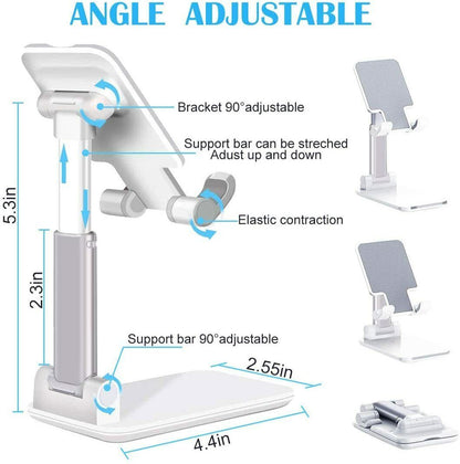 White foldable phone and tablet stand with adjustable height and angle, made of aluminum, showing dimensions and rotation