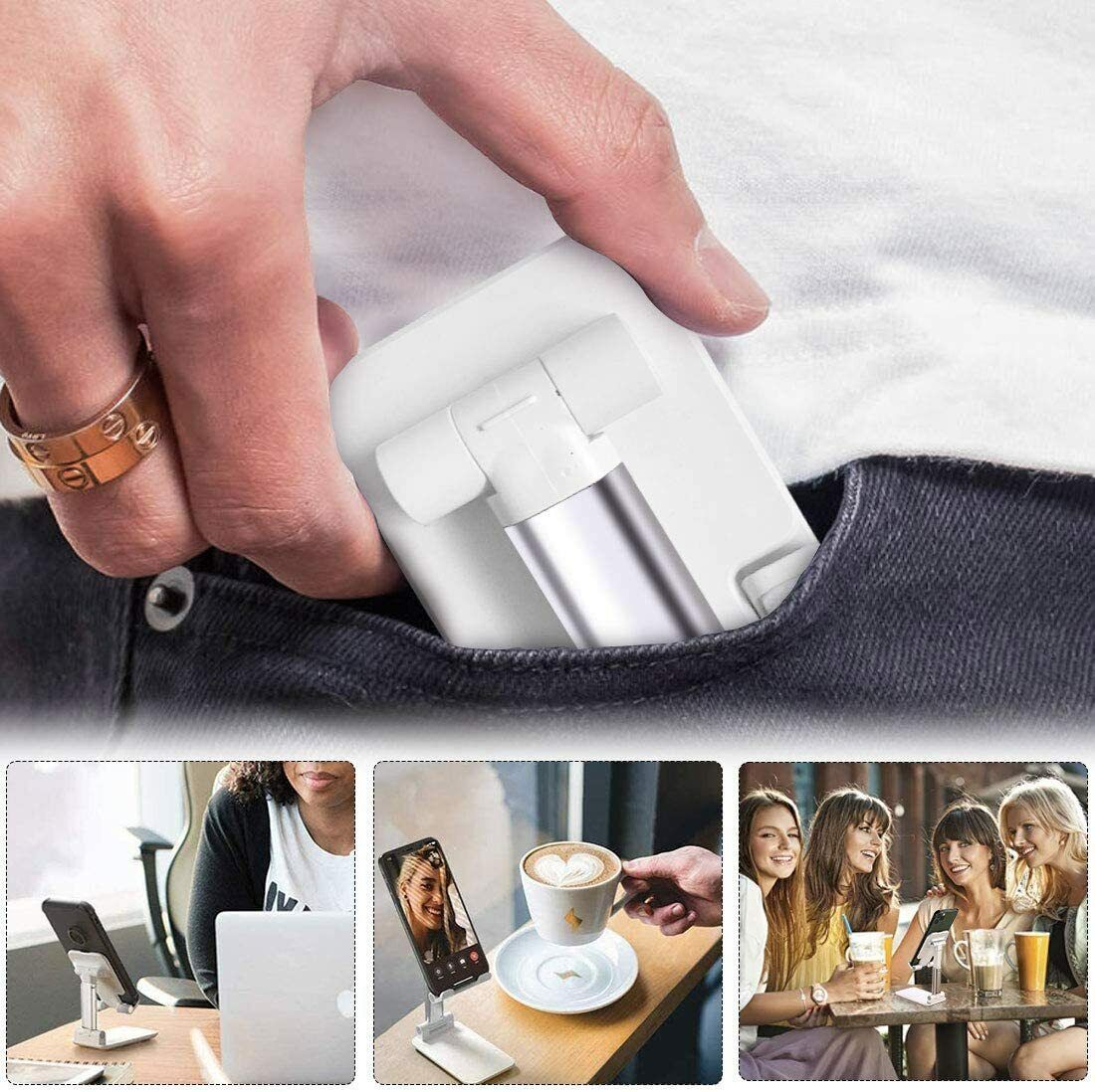 Hand putting white foldable aluminum phone stand into jeans pocket showing portability