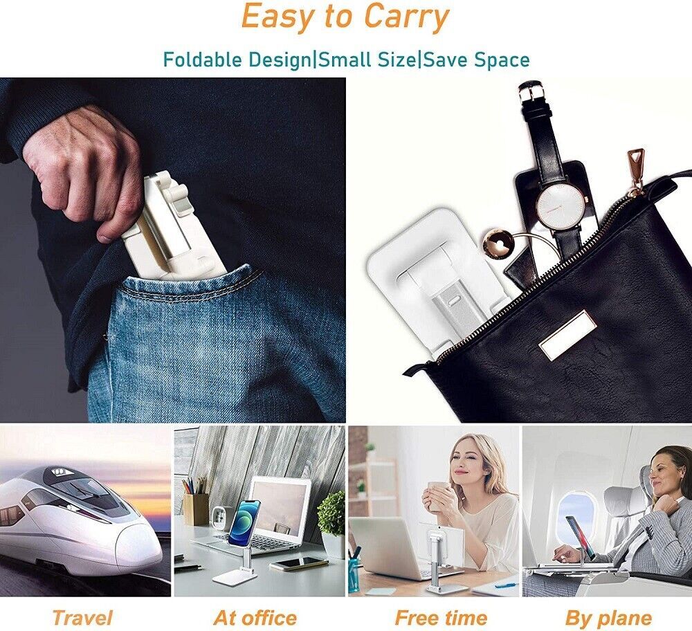 Foldable white phone stand in jeans pocket and black purse showing portability for travel, office, free time, and plane use