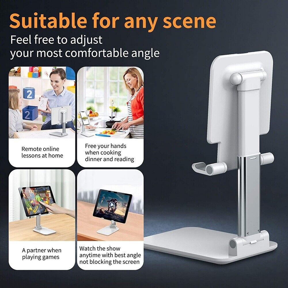 White foldable aluminum phone and tablet stand with adjustable height for hands-free viewing