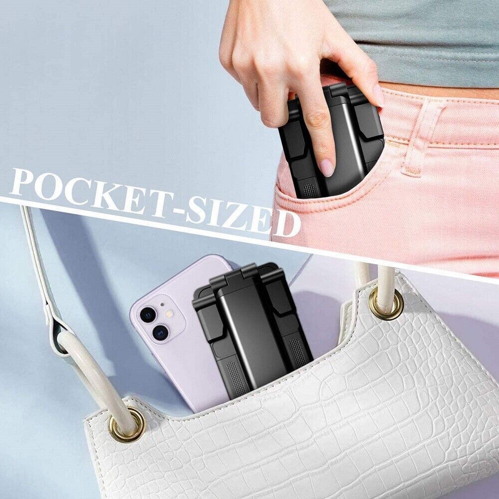 Black pocket-sized foldable phone stand being placed in pants pocket and white handbag next to smartphone