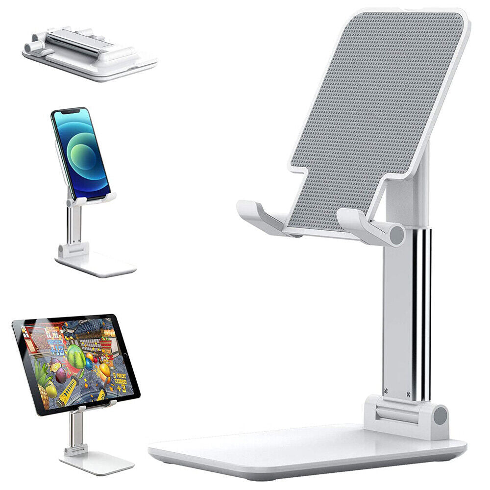 White foldable phone and tablet stand with adjustable height and non-slip aluminum base