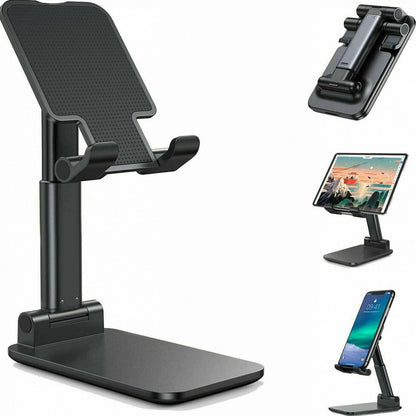 Adjustable black aluminum foldable phone and tablet stand for hands-free viewing