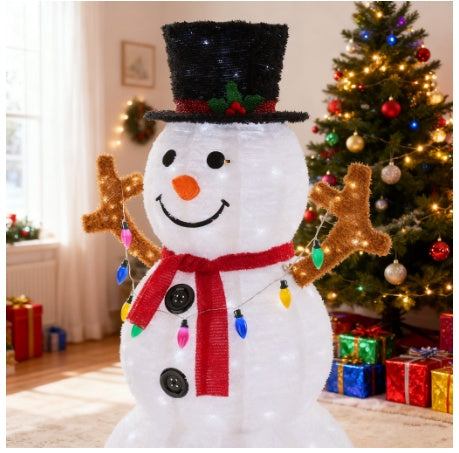 5ft lighted snowman decoration with black top hat, red scarf, and colorful string lights indoors