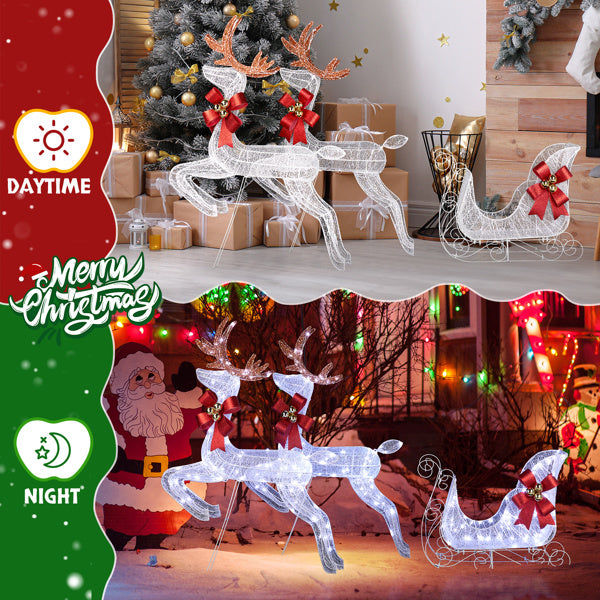 White LED Christmas reindeer and sleigh decorations with red bows, shown in indoor holiday setting and outdoor yard at night