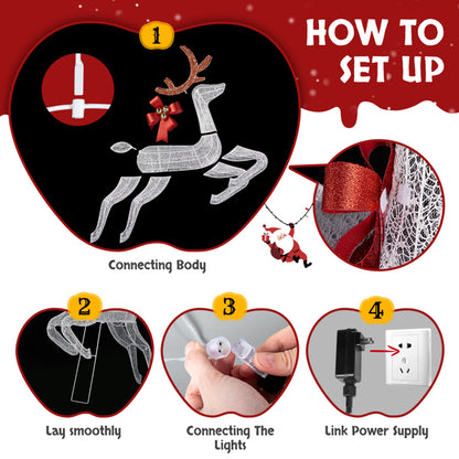 White LED reindeer Christmas yard decor with detailed setup steps including body connection, laying smoothly, connecting lights, and linking power supply