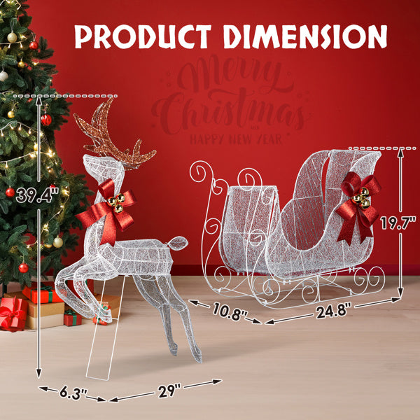 White LED wireframe reindeer and sleigh Christmas yard decorations with red bows, in front of a decorated Christmas tree on wooden floor