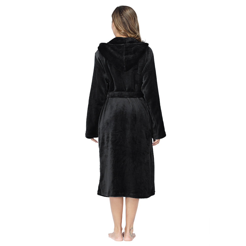 Back view of woman wearing black plush fleece hooded robe with belt, warm winter loungewear