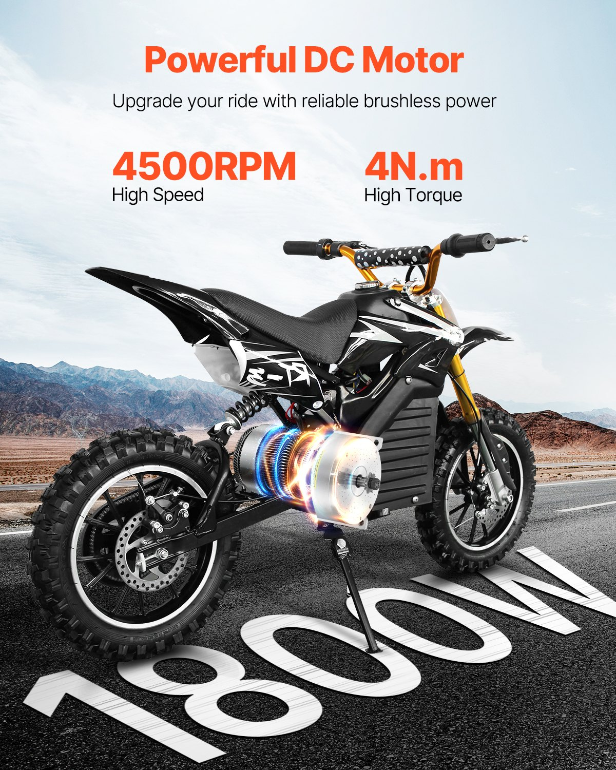 Black off-road electric dirt bike with highlighted 1800W brushless DC motor on desert road