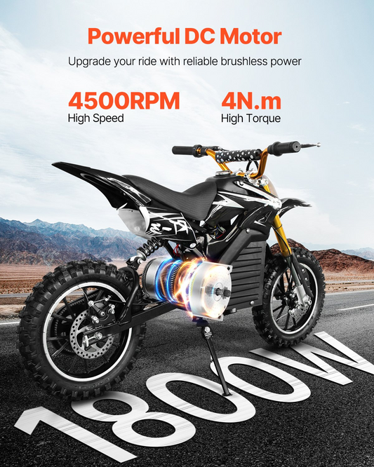 Black off-road electric dirt bike with highlighted 1800W brushless DC motor on desert road