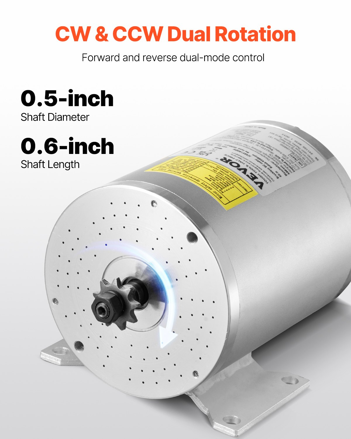 1800W brushless motor with 0.5-inch shaft diameter and 0.6-inch shaft length, dual rotation control