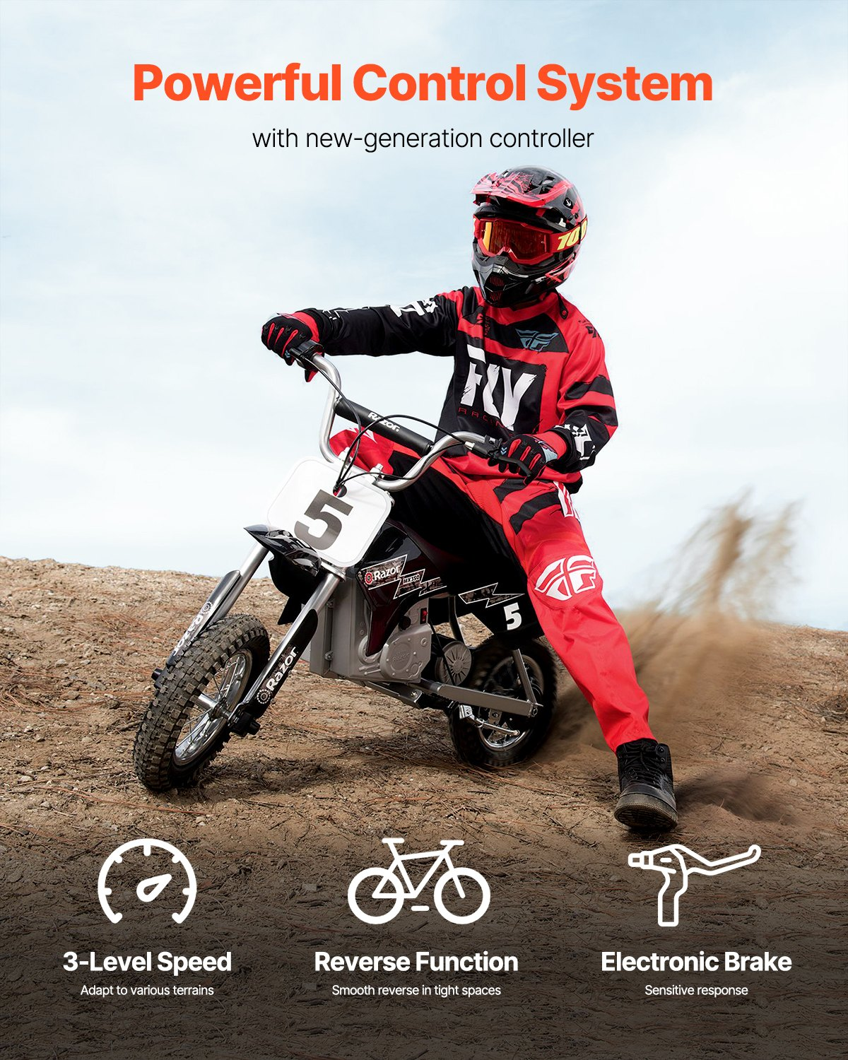Child in red and black riding gear on black Razor electric dirt bike with number 5 on dirt terrain
