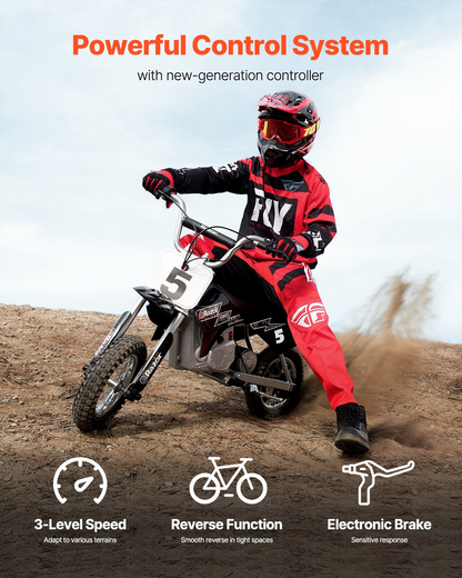 Child in red and black riding gear on black Razor electric dirt bike with number 5 on dirt terrain