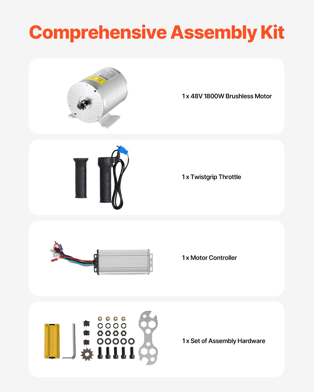 48V 1800W brushless motor kit with twistgrip throttle, motor controller, and assembly hardware
