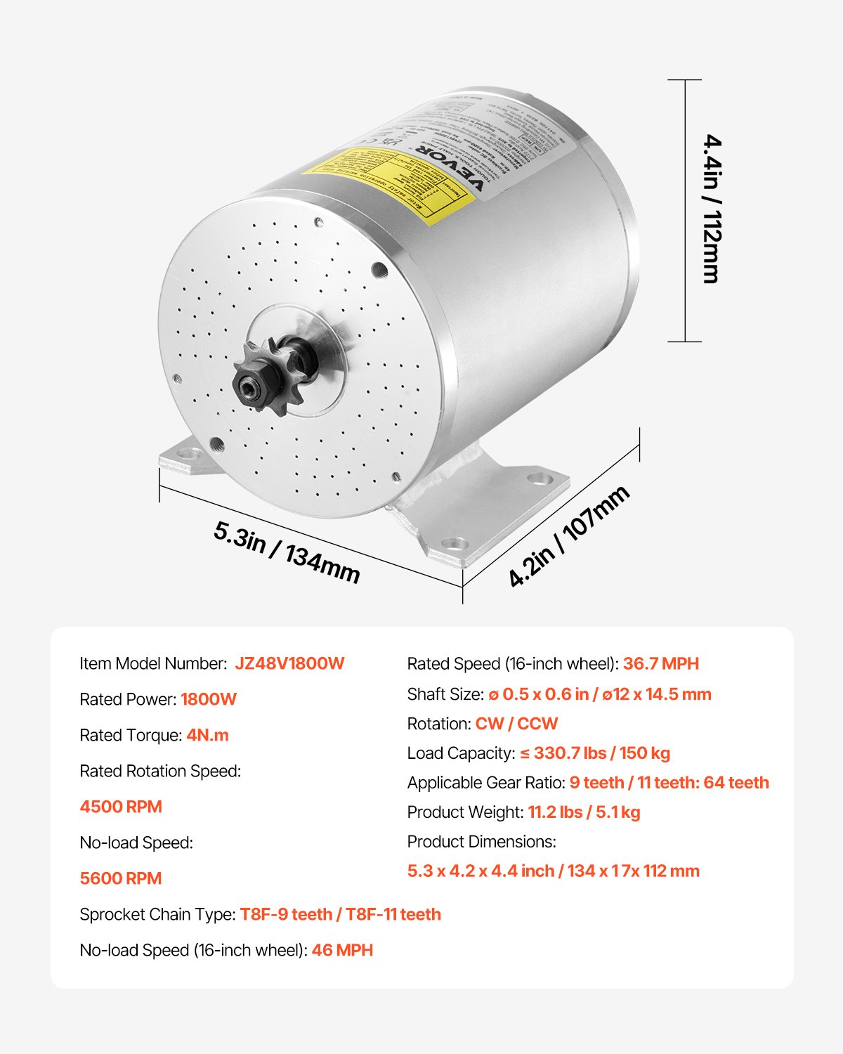 JZ48V1800W brushless electric motor kit with 1800W power, 4500 RPM, CW/CCW rotation, and mounting base
