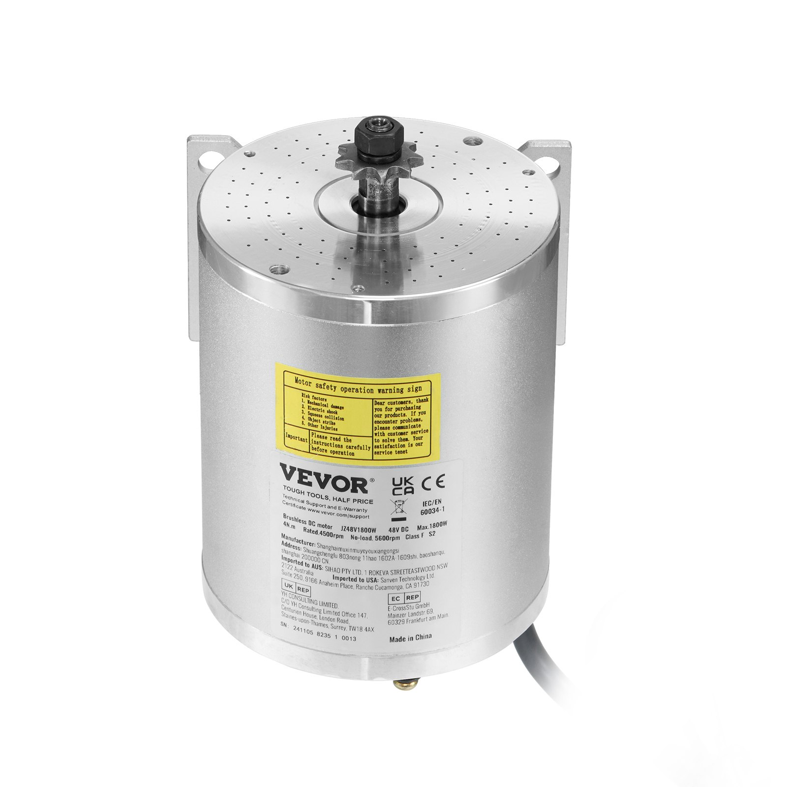 Vevor 1800W 48V brushless DC motor kit with high torque sprocket and safety labels