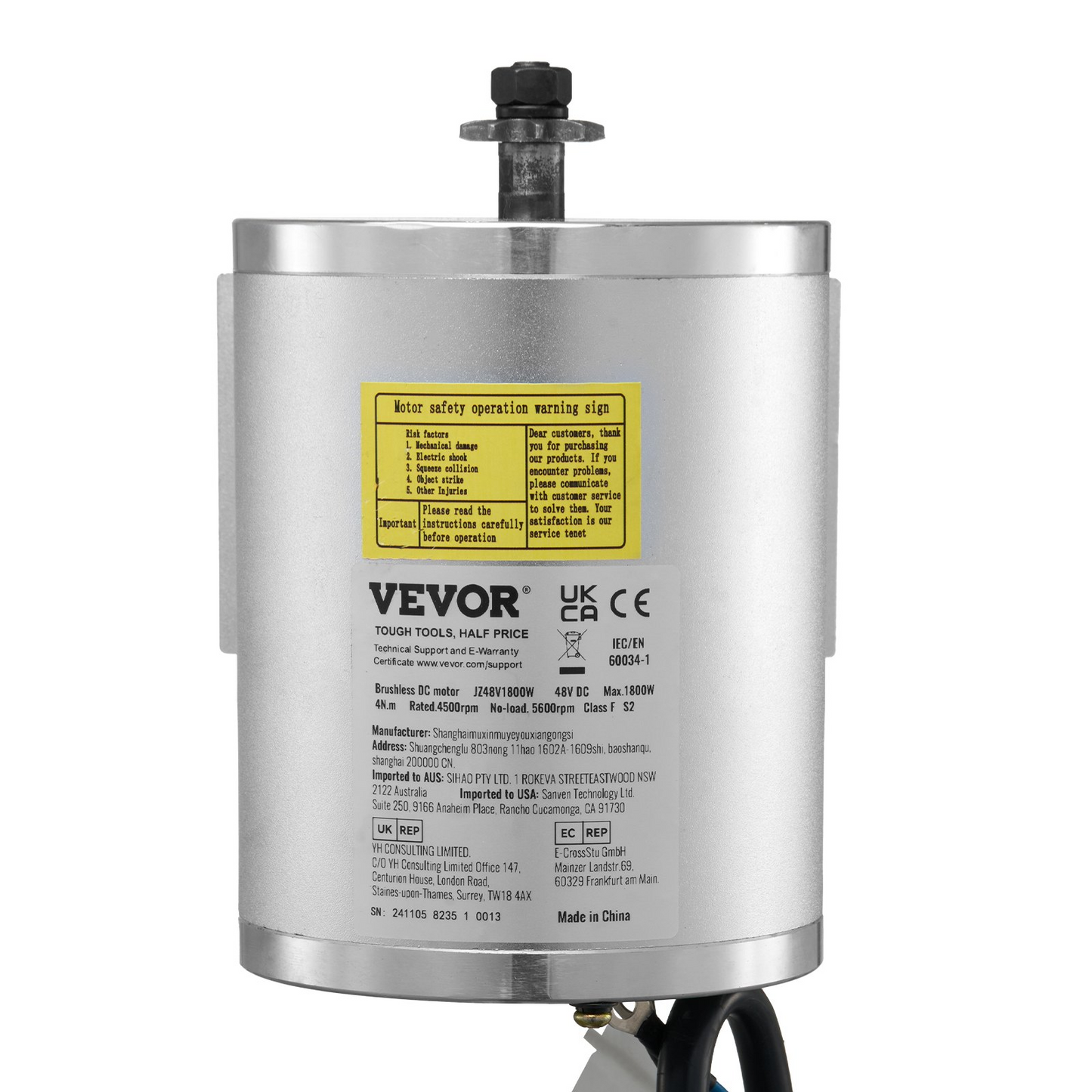 VEVOR 48V brushless DC motor 1800W with safety warning label and wiring