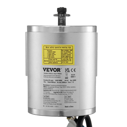 VEVOR 48V brushless DC motor 1800W with safety warning label and wiring