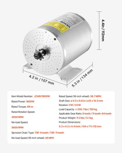Silver 1800W brushless electric motor kit with sprocket, 5.3x4.2x4.4 inch dimensions and dual-direction control
